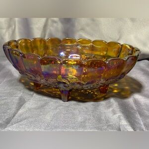 Indiana Harvest Grape Iridescent Amber Oval Footed Fruit Bowl Carnival Glass 12"